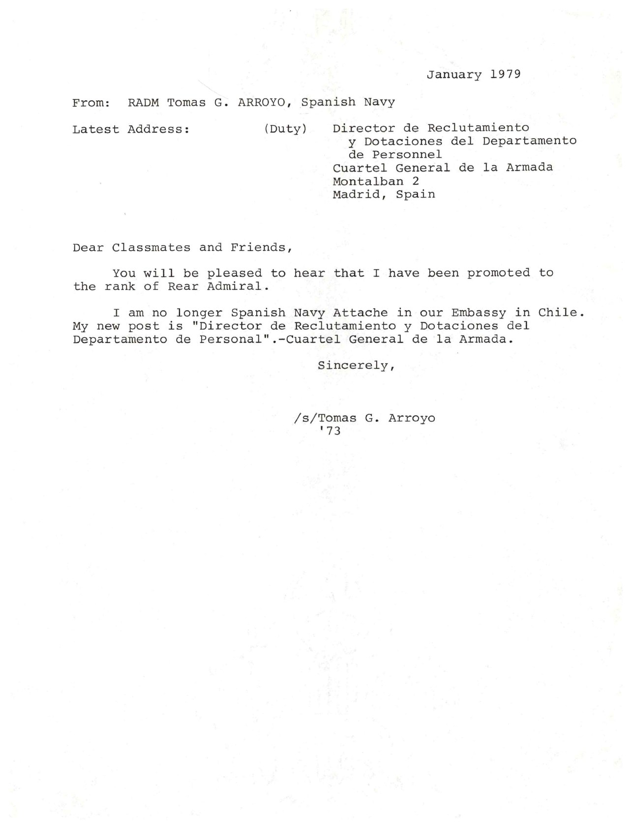Copia de archivo sin firma anunciando el ascenso de Tomás a contralmirante