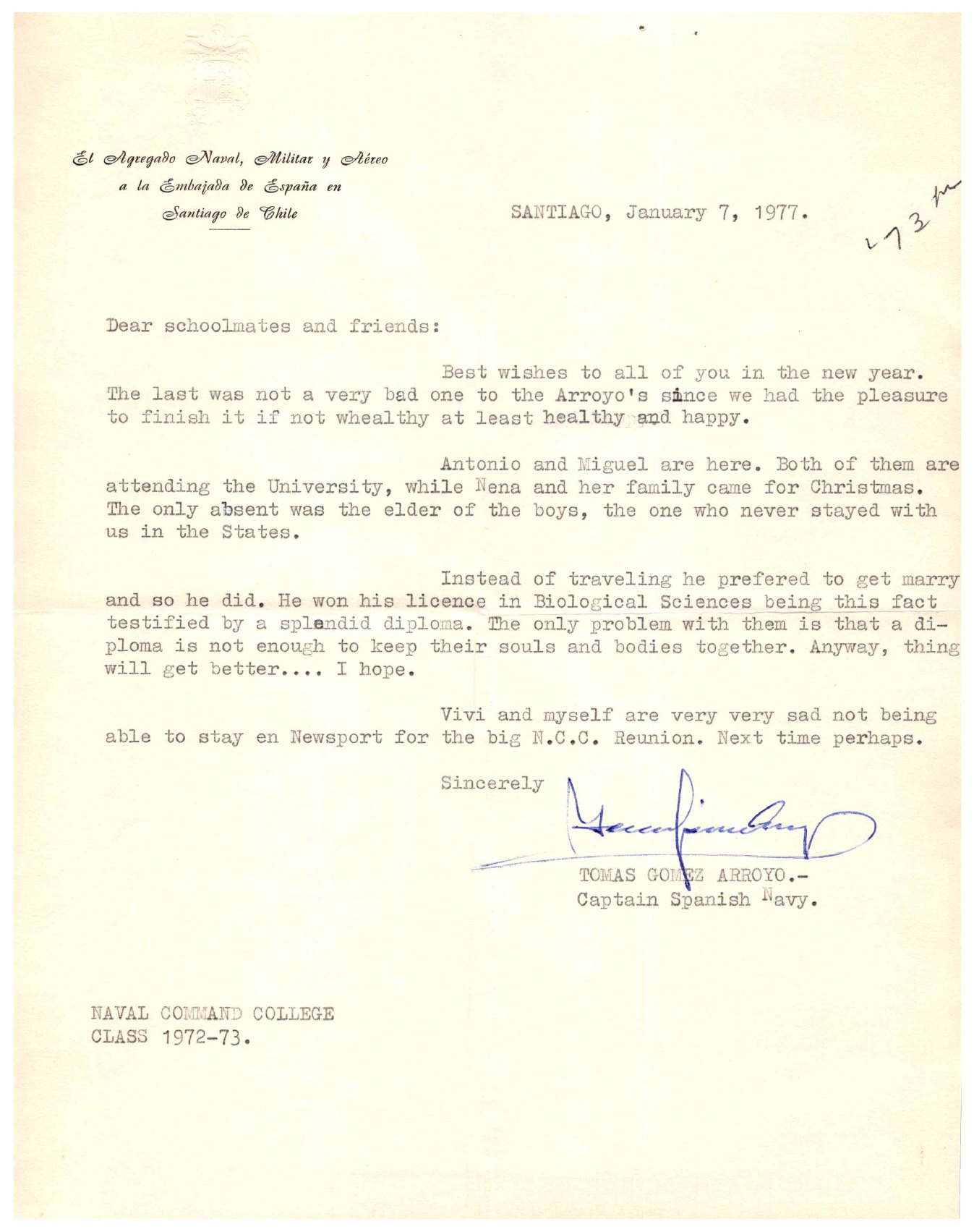 Carta de Año Nuevo de 1977 desde Santiago de Chile