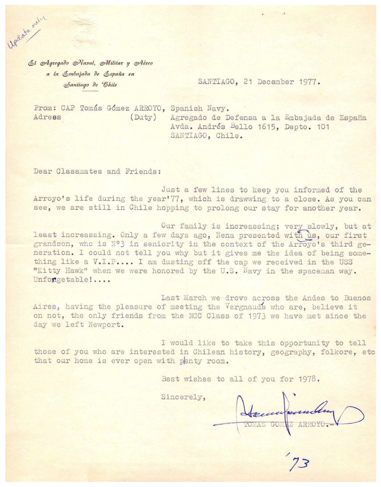 Carta de fin de año de 1977 desde Santiago de Chile, con la anécdota del USS Kitty Hawk