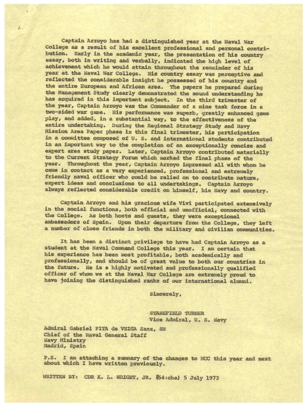 Segunda página de la evaluación, con la firma de Stansfield Turner