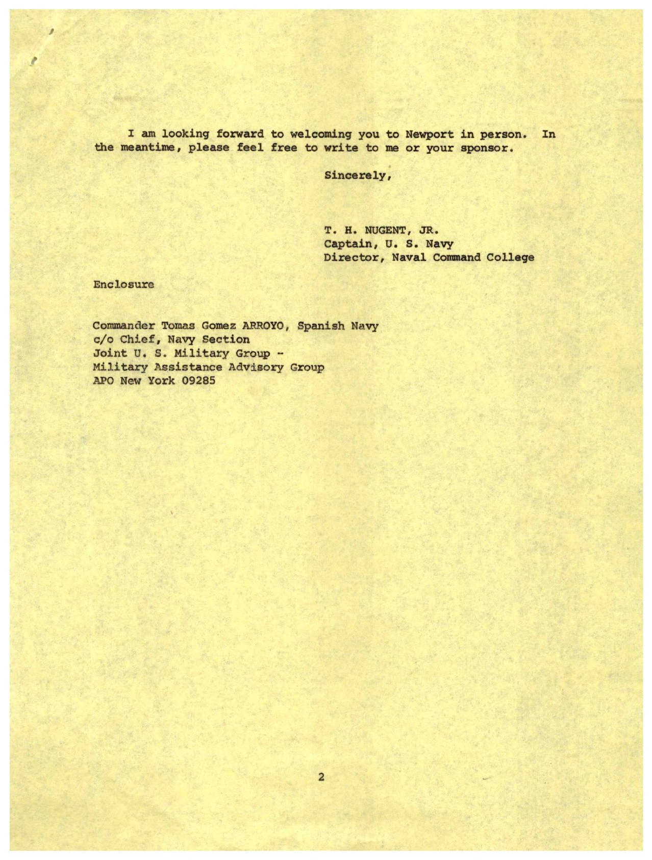 Segunda página de la carta, firmada por el capitán T. H. Nugent Jr.