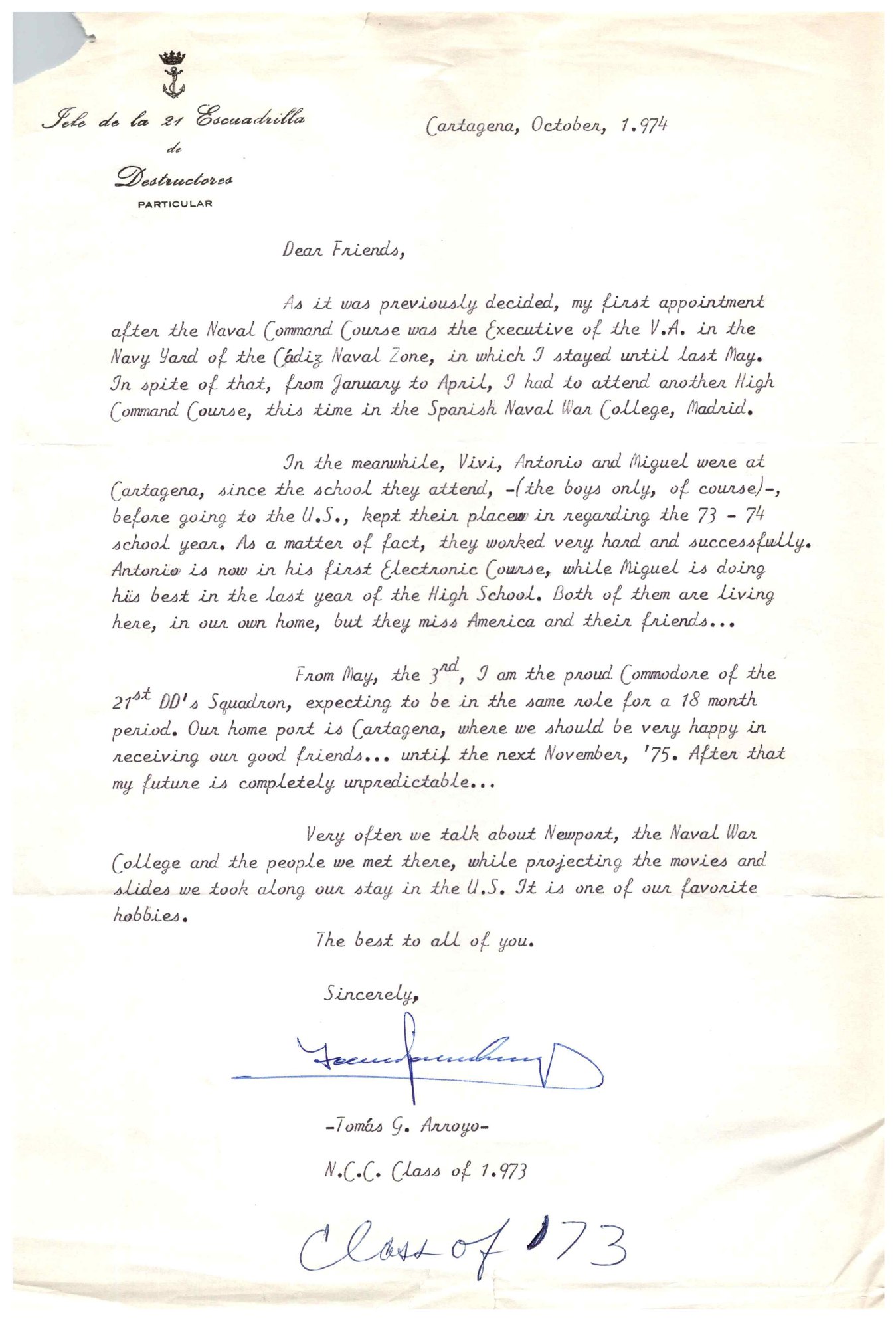 Carta de Tomás desde Cartagena describiendo su nuevo destino como comodoro