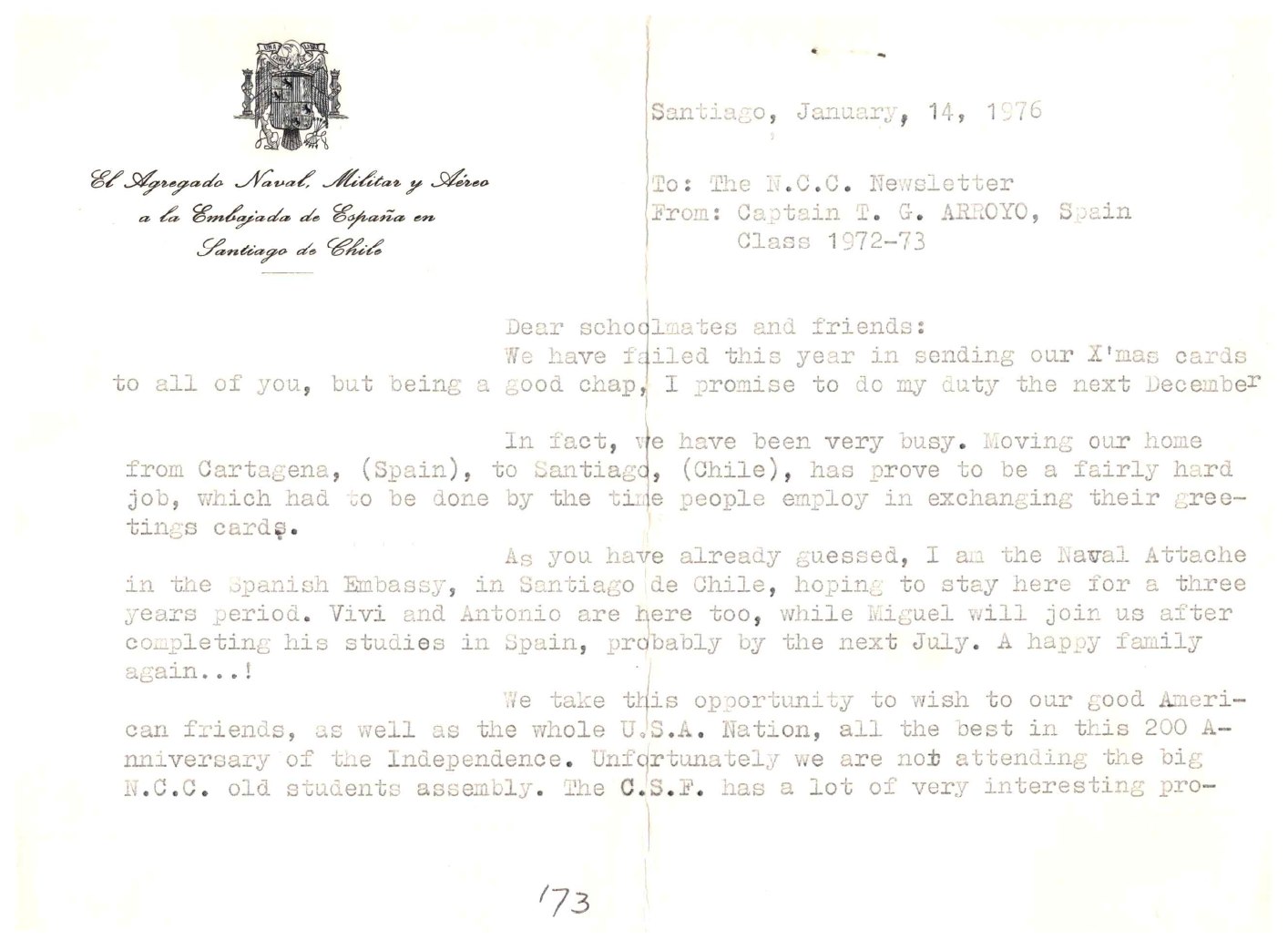 Primera página de la carta de Año Nuevo de 1976 desde Santiago de Chile