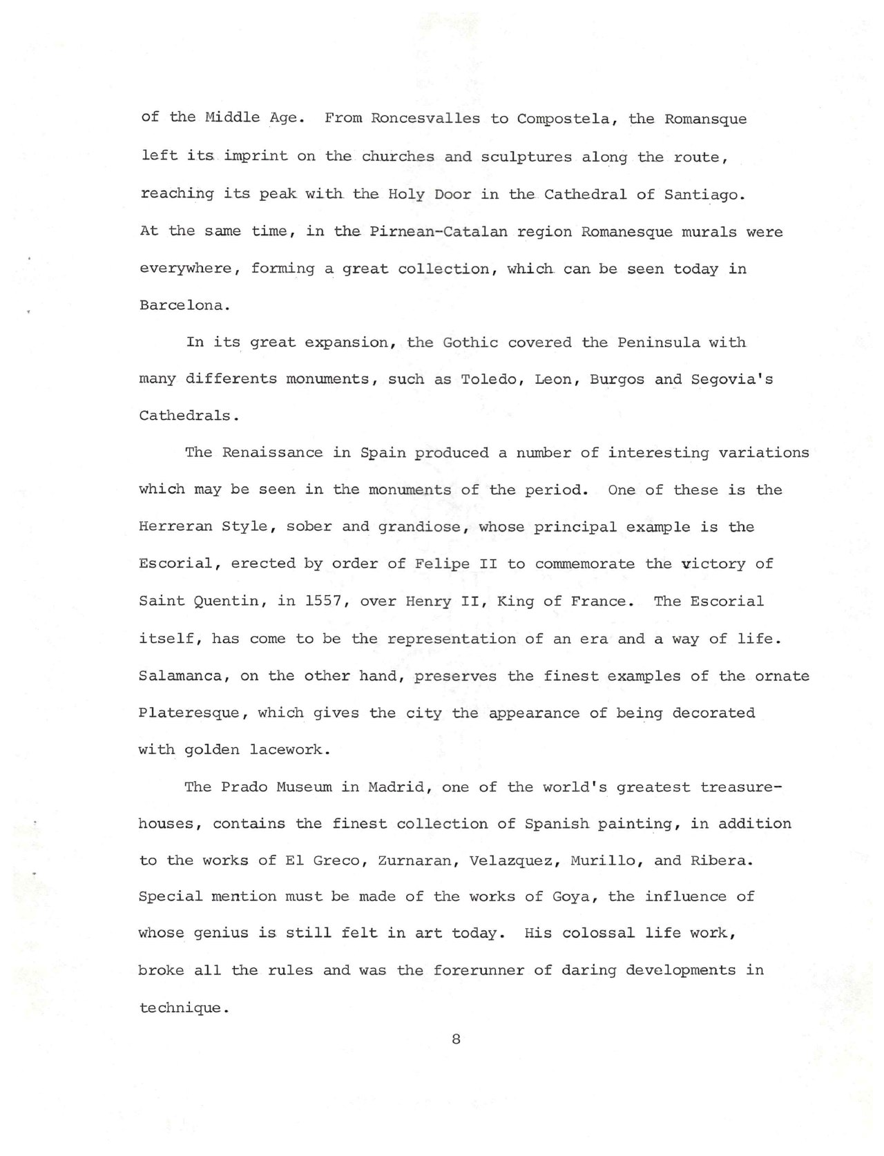 Capítulo VI, segunda página sobre el románico, el gótico, El Escorial y el Museo del Prado