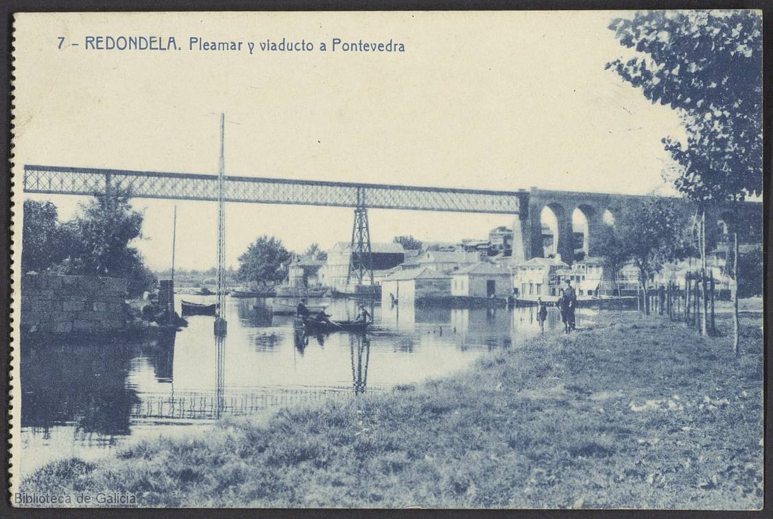 Redondela: pleamar y viaducto ferroviario hacia Pontevedra, postal de época